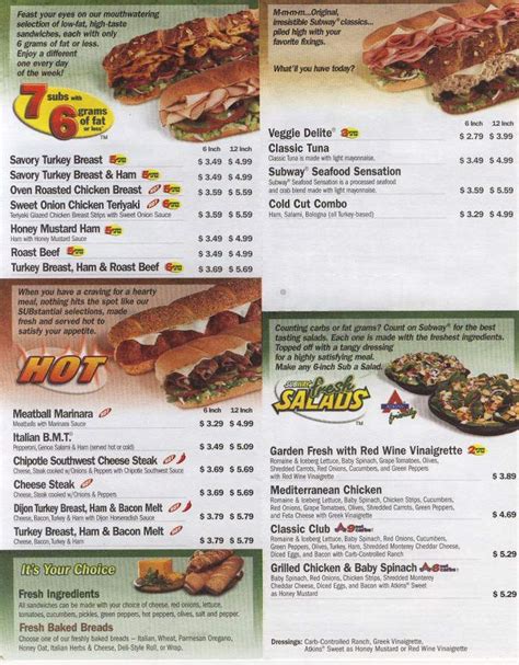Menu of Subway Sandwiches & Salads in Johnsonburg, PA 15845