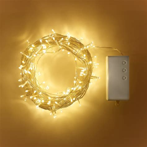 200 Warm White LED Outdoor Battery Fairy Lights On Clear Cable | Lights4fun.co.uk