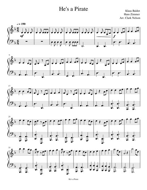 He's a Pirate (intermediate version) Sheet music for Piano (Solo) | Musescore.com