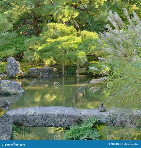 Japanese Garden With Pond And Stone Bridge Stock Image - Image of landscape, reflections: 21884001