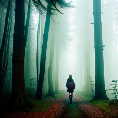 A teenage girl walking in creepy forest at morning,... | OpenArt