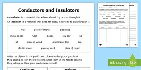 Conductors and Insulators Worksheet / Worksheet - Twinkl