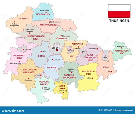 Thuringia Administrative and Political Vector Map with Flag Stock ...