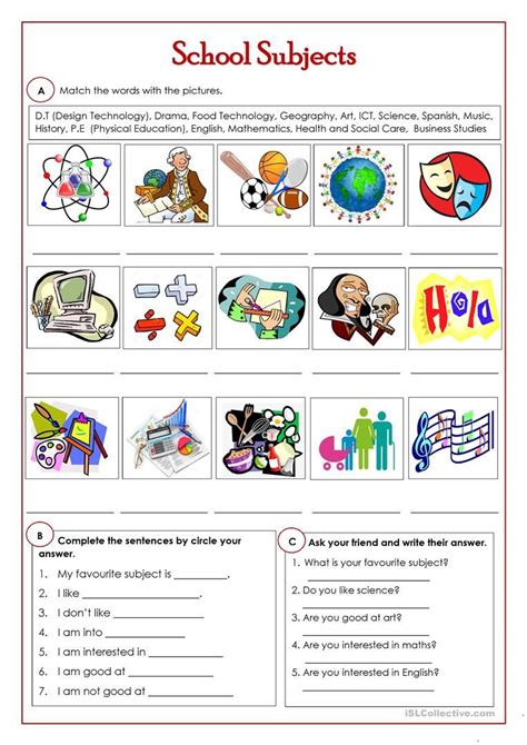 the worksheet for school subjects is shown in red and white, with ...