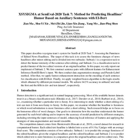 XSYSIGMA at SemEval-2020 Task 7: Method for Predicting Headlines’ Humor Based on Auxiliary ...