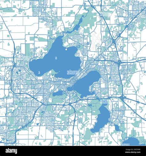 Map of Madison in Wisconsin in blue. Contains layered vector with roads ...