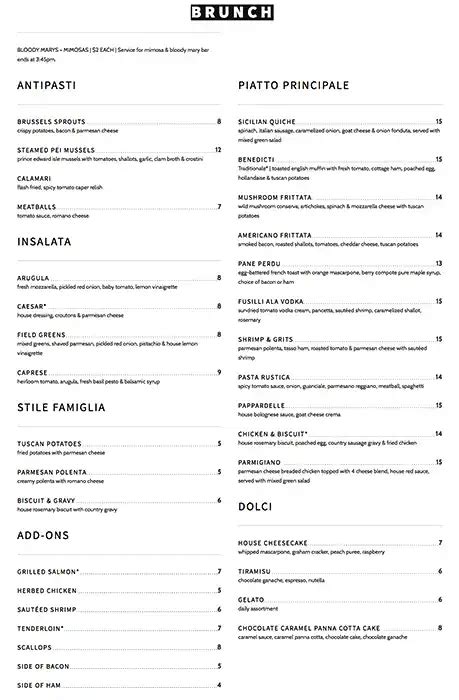 Menu at Vivace restaurant, Charlotte