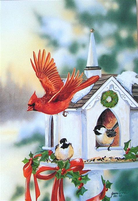 Leanin' Tree Janene Grende Cardinal Chickadee Bird House Christmas Greeting Card | Christmas ...