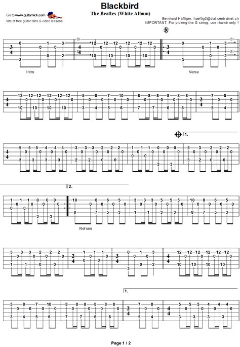 Blackbird- guitar tab 1 | Guitar tabs, Fingerstyle guitar, Music guitar