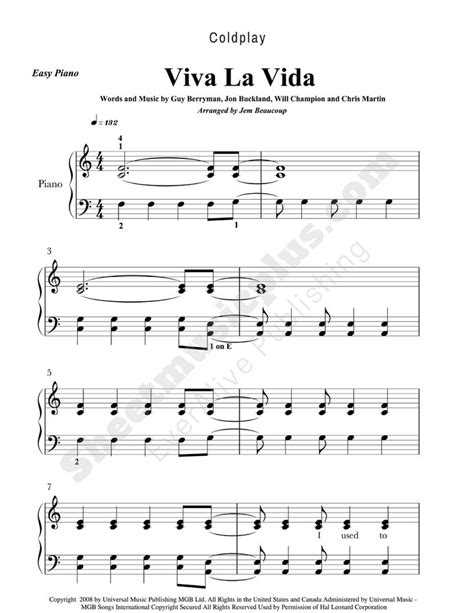 Coldplay Viva la Vida Easy Piano Music. Download and print. | Easy piano, Sheet music, Piano ...