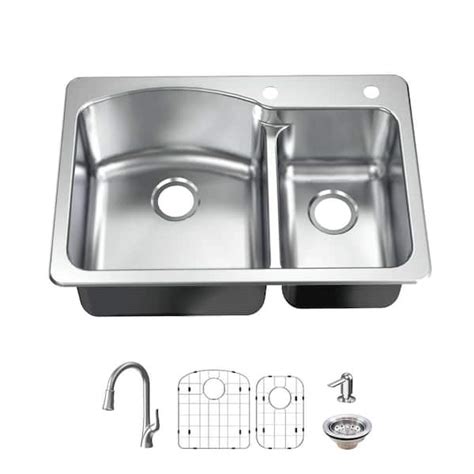 Glacier Bay 33 in. Drop-In/Undermount 60/40 Double Bowl 18 Gauge Stainless Steel Kitchen Sink ...