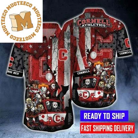 Cornell Athletics Logo With Horror Movie Characters Bus Big Red Summer Hawaiian Shirt - Mugteeco