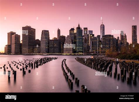 Lower Manhattan skyline at sunset from Brooklyn Bridge Park, Brooklyn ...