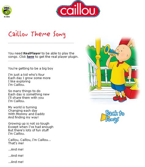 http://pbskids.org/caillou/activities/songs.html (With images) | Songs, Caillou, Nursery rhymes