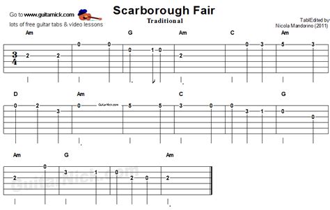 SCARBOROUGH FAIR Easy Guitar Tab: GuitarNick.com