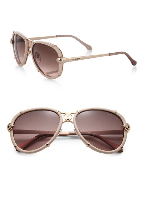 Roberto cavalli Leather-wrapped 57mm Aviator Sunglasses in Natural for Men | Lyst