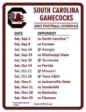 Printable 2023 South Carolina Gamecocks Football Schedule