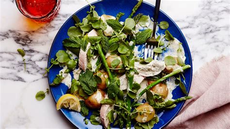 Warm Chicken Salad with Asparagus and Creamy Dill Dressing Recipe | Epicurious