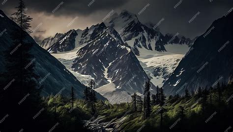 Premium AI Image | Dark Mountain with green trees painting landscape