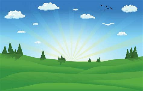 Sunset cartoon background with landscape area, trees, sun burst, clouds, sky 24659746 Vector Art ...