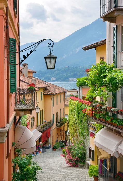 Picturesque small town street view in Bellagio, Lake Como in Italy ...