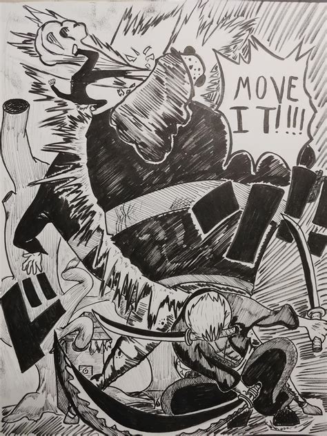 Zoro and Sanji vs a Pacifista, my first try with my new pens : r/OnePiece