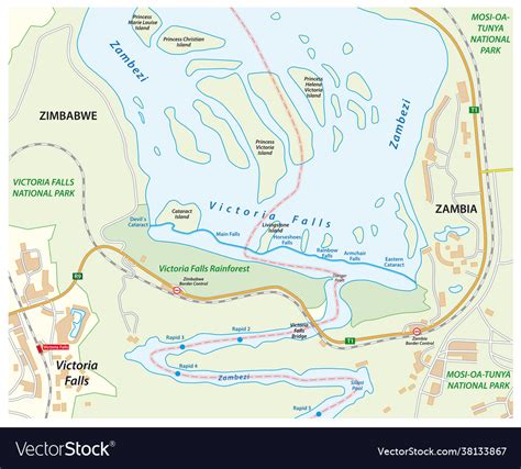 Map victoria falls on zambezi river Royalty Free Vector