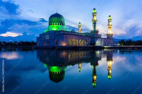 The floating City Mosque, also known as Likas Mosque at Kota Kinabalu ...