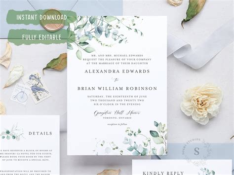 Botanical Eucalyptus Floral Watercolor Invitation Card Template Instant Printable Editable ...