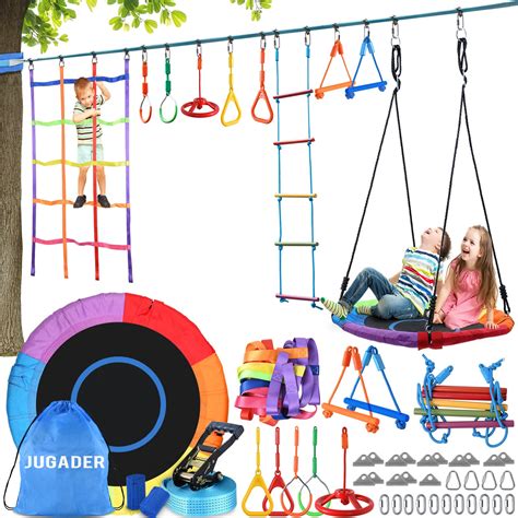 Jugader 50FT Ninja Warrior Obstacle Course for Kids with Saucer Swing, Colorful Net, Climbing ...