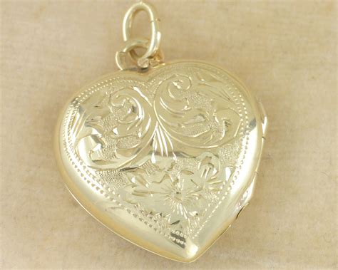 Vintage 14K Gold Heart Locket Pendant Hand Engraved Flowers - 585 Yellow Gold for Necklace - 4.7 ...