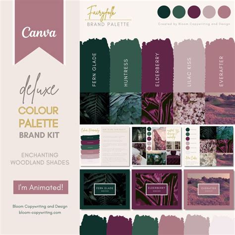 the color palette is shown in shades of pink, green and purple