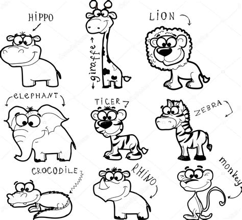 Gran conjunto de dibujos animados animales en blanco y negro 2023