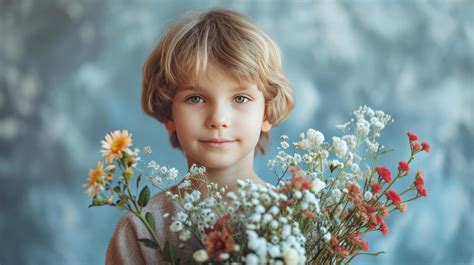 AI generated boy with flower bouquet for mother on minimalist background with copy space ...