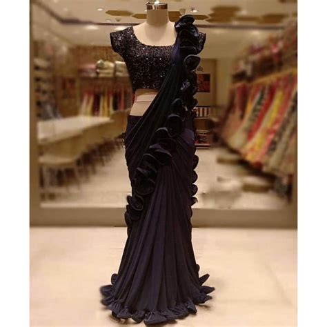 Black georgette ruffle border saree | Black saree designs, Stylish sarees, Fancy sarees party wear