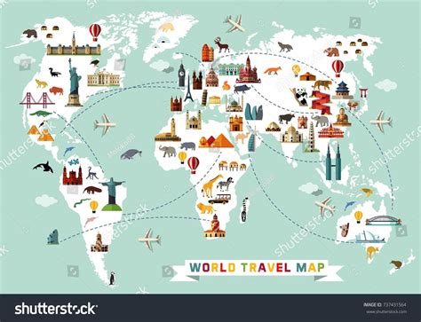 Cartoon world map with animal and sightseeing attractions. Vector Illustration. #Ad , #AFFILIATE ...