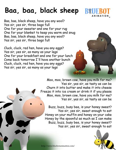 Ba Ba Black Sheep Nursery rhyme lyrics Free printable nursery rhyme ...