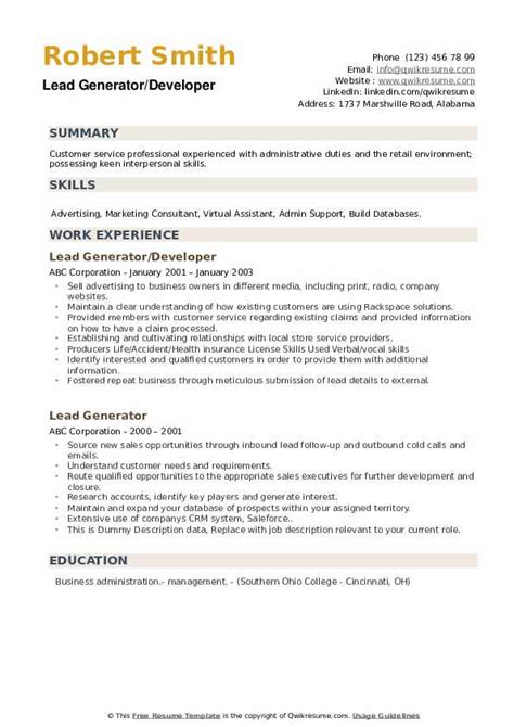 Lead Generator Resume Samples | QwikResume