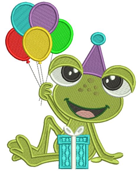 Cute Little Birthday Frog Holding Balloons Filled Machine Embroidery D – Embroiderymonkey