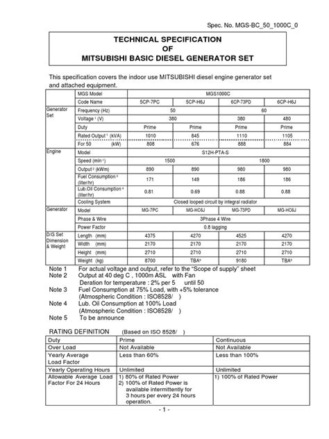 Technical Specification OF Mitsubishi Basic Diesel Generator Set | PDF ...