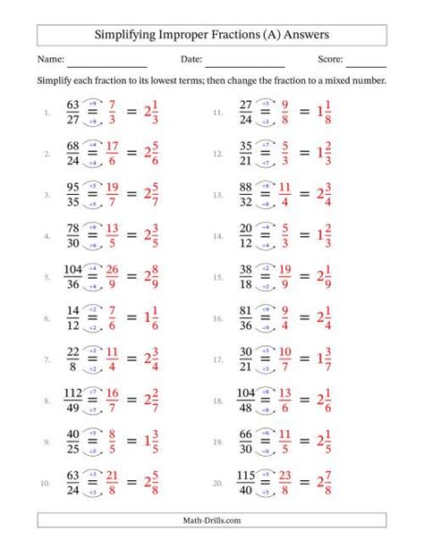 Simplify Improper Fractions to Lowest Terms (Easier Version) (A)