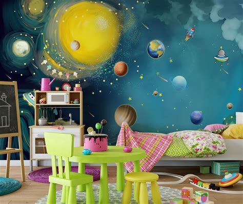 Blue Space Wallpaper Kids Bedroom Wall Mural Peel and Stick | Etsy