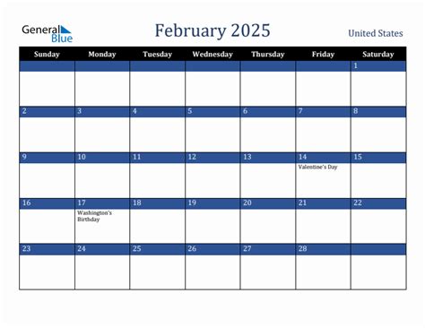 February 2025 Monthly Calendar with United States Holidays