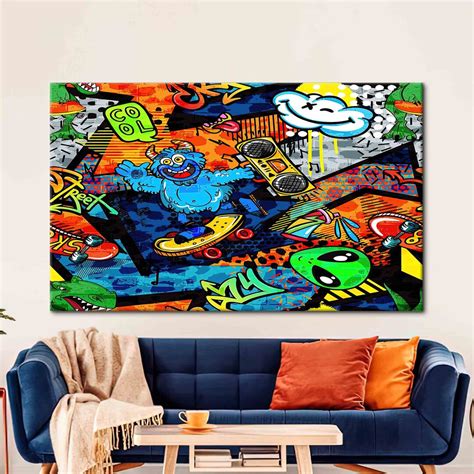 Cartoon Wall Decor, Cartoon Graffiti Canvas Art, Abstract Alien Art ...