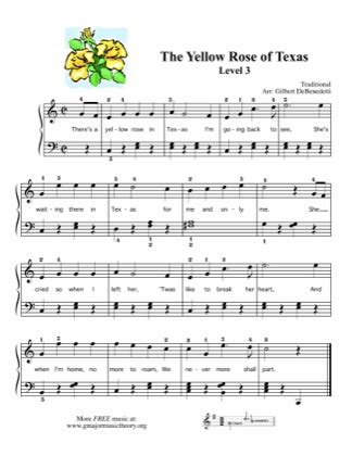 The Yellow Rose of Texas - Kids Free Piano Sheet Music PDF