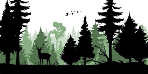 Premium Vector | Forest trees silhouettes deer and duck hunting