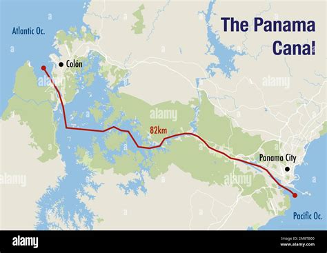 Map of the Panama canal, illustrating the route from the Pacific to the Atlantic ocean Stock ...