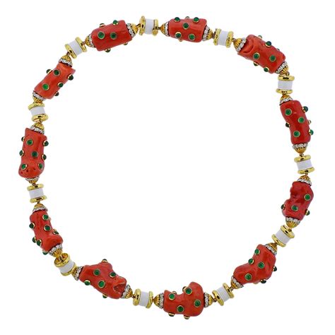 David Webb Coral Emerald Diamond Enamel Gold Platinum Necklace – Oak Gem