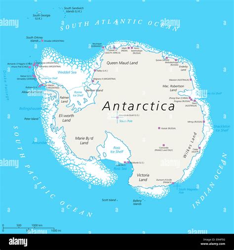 Antarctica Political Map with south pole, scientific research stations and ice shelfs. English ...