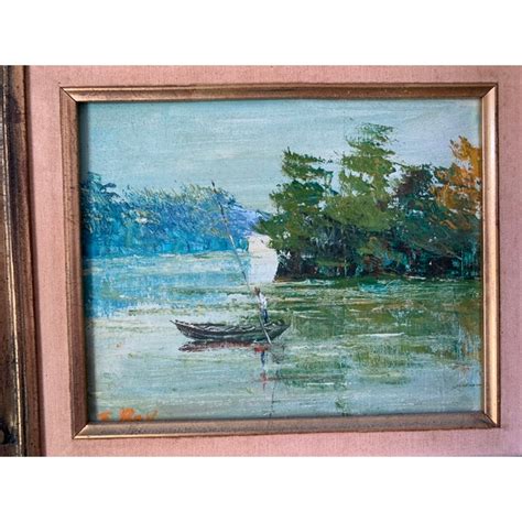 Vintage Man on Boat With Ore in Lake Painting | Chairish